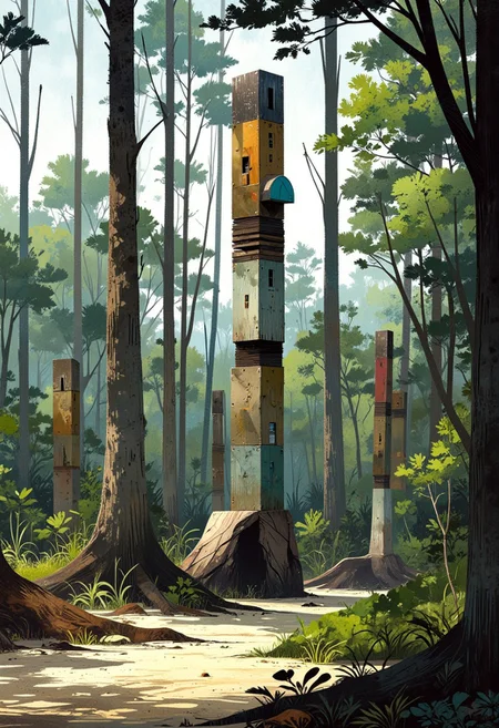 ppstorybook,
(Bio-Sonic Sculptures – Singing Trees of Aeolia)
A grove of sculpted metallic trees embedded with AI-driven sensors that "listen" to the wind and generate sound frequencies in response. Each tree produces different harmonic tones, creating an ever-evolving symphony of nature and machine.