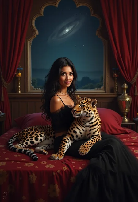 breathtaking digital painting, realistic  fantasy art, beautiful lovely charming young woman is rendered with detailed attention to textures, giving her a lifelike presence, young concubine-Scheherazade wearing only black tulle pajama, eyes, smirk, enjoying playing in bed with her friend pet (big) leopard. The backdrop features a very dark interior of the sheikh's harem with a celestial night sky in window, which adds a dreamy and ethereal quality to the scene, vibrant dark colors, dramatic contrasts,  persian carpet, ottomans, eastern vase with fruits, very dark scene, an immersive and enchanting eastern fairy tale visual narrative of Thousand and One Nights, a blend of realism and imagination,, skin details, very dark-red and black color scheme, (busty:1.1), (skin texture:1.1),  (freckles:0.5)  . award-winning, professional, dim, highly detailed, dramatic, mysterious.