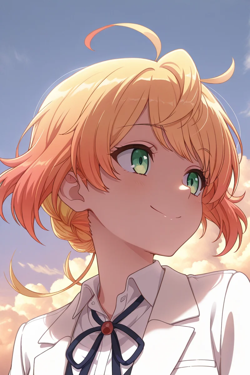 masterpiece, best quality, amazing quality,
<lora:Minku_IL:1> minku, 1girl, solo, green eyes, smile, multicolored hair, orange hair, shirt, ahoge, blonde hair, jacket, white shirt, white jacket, portrait, looking to the side, neck ribbon, collared shirt, ribbon, upper body, cloud, closed mouth, school uniform