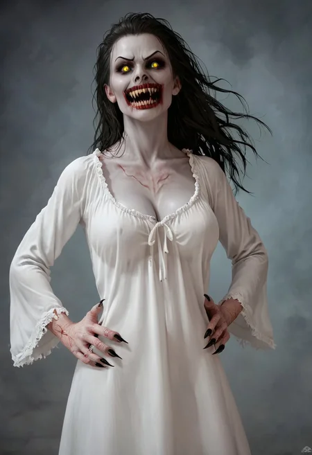 score_9, score_8_up, score_7_up, score_6_up, source_real, source_photo, a 3/4 three-quarters length portrait,very large breasts, white dress, white dress, white dress, white dress, jaws, fangs, jaws, fangs, jaws, fangs, jaws, fangs, possessed witch , possessed witch possessed witch possessed witch possessed witch,deep cleavage, valak, veins, black veins, veins, 1girl, valak woman , female deep one, valak, source_real, source_photo, in the style of the Exorcist movie, demonic possession from the exorcist, linda blair in the exorcist, a possessed woman, bloodless lips, valak, Body horror, pale body, yellow eyes, long black hair, grey skin, black veins, monster, scary, paranormal, pale, black veins, long tangled black hair, teeth, hands on hips, front view, very pale skin, very pale grimy filthy skin, evil smile, demonic possession. Evil smile, a possessed woman,, yellow eyes, large breasts, hands by side, floating in mid-air, floating above ground, stained filthy white open old-fashioned stained filthy tattered nightgown, stained filthy old-fashioned nightgown, long nightgown,long sleeves, black pupils, red lighting, bedroom with peeling wallpaper, horror, scary face, monstrous, evil, claws, red lighting, Expressiveh, g0thicPXL, glowing, neon,, zPDXL2, exorcist style
