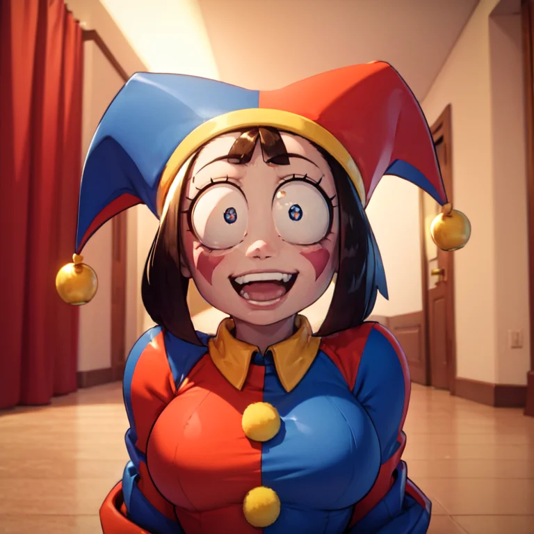 pomni, gloves red and blue, hat, pom pom (clothes), (sexy, perfect female body, large breasts)1.5, facepaint, jester cap, clown, <lora:pomni:0.7>, (masterpiece:1.2, best quality:1.2, beautiful, high quality, highres:1.1, aesthetic), detailed, extremely detailed, ambient soft lighting, 4K, perfect lighting, (constricted pupils, horrified, small pupils, crazy face, crazy eyes, shocked, crazy smile, grinning), <lora:Crazy_ExpressionsV2:0.8>