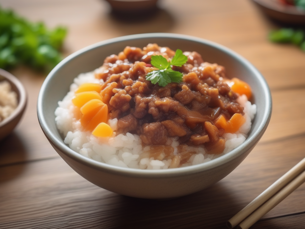 A close-up shot of a bowl of delicious Robabon Rice, a popular dish in Asian cuisine. The rice is cooked to perfection, with each grain separate and fluffy. It's topped with a variety of colorful vegetables and meat, creating a vibrant and appetizing display. The bowl is placed on a rustic wooden table, with a pair of chopsticks resting on the side. The scene is set in a homey kitchen environment, with blurred background elements that suggest a warm, everyday setting. The lighting should be natural and soft, highlighting the appetizing qualities of the Robabon Rice and the cozy atmosphere of the setting, <lora:robabon:0.75>