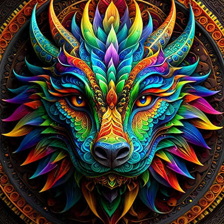 create a straight forward image of a dragons face made of intricate and complex mandala designs, extremely beautiful colors showing an aura of beauty, blend rainbow colors in an Ambre, UHD, 32K