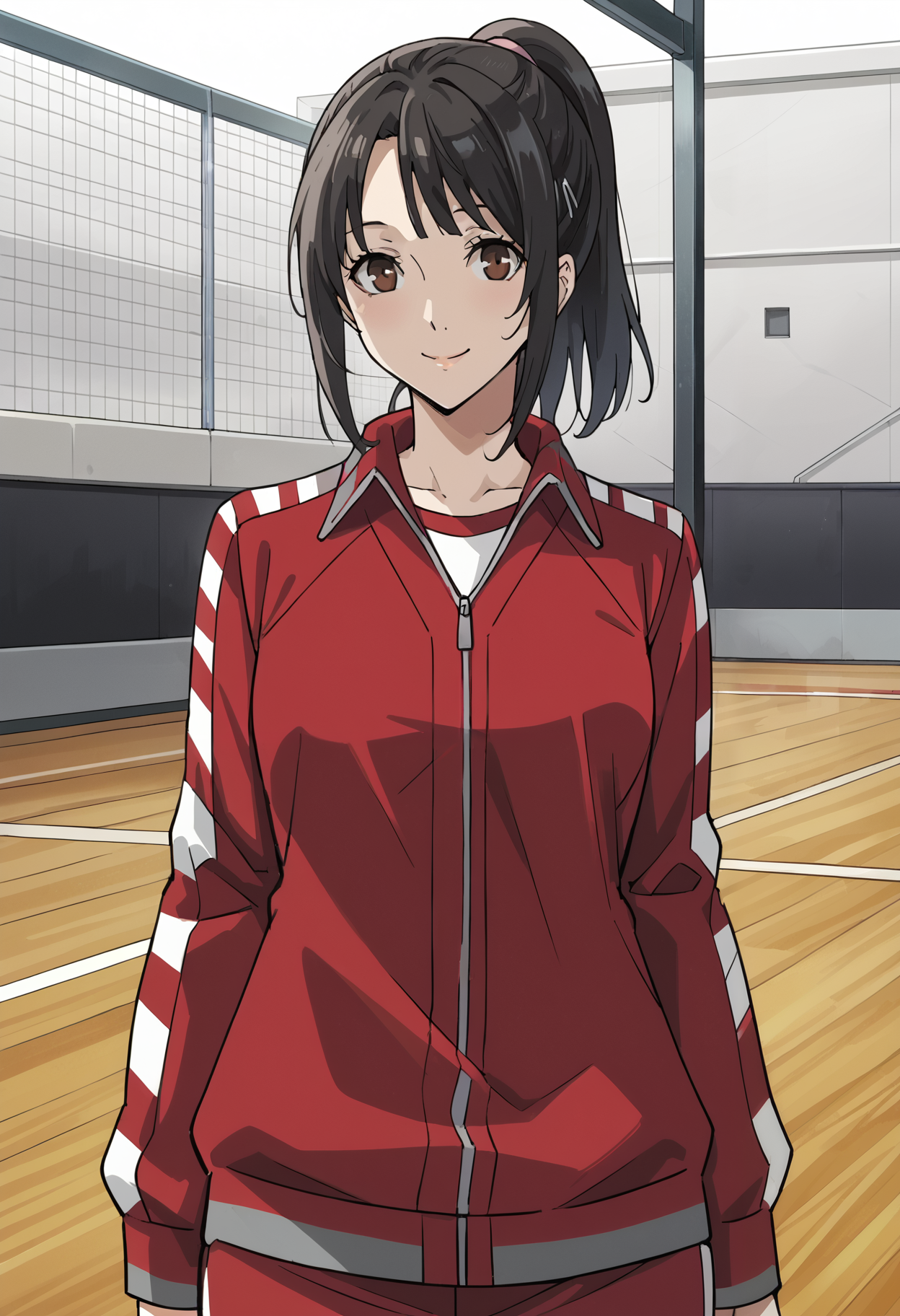score_9, score_8_up, source_anime,
1 girl, solo, cute face,
p5shiho, black hair, ponytail, hair ornament, hairclip, brown eyes,
p5shiho-track, jacket, stripes, (striped sleeves:1.2), track jacket, track suit,
school gym, volleyball court, standing, looking at viewer, smile,
masterpiece, best quality, ultra detailed,