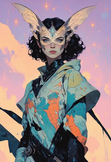 This image is a 8k digital illustration in a surrealistic style, depicting a young person with medium-toned skin and a contemplative expression. They wear a long-sleeved shirt covered in large, flowing wave patterns in shades of teal, coral, and soft yellow. Their face is obscured by a mask shaped like a butterfly, with delicate wings in gradient hues of lavender, peach, and gold. The mask envelops their entire face and extends down the neck, with fine silver filigree details outlining the edges of the wings. The background is a soft gradient of pale pink and purple, creating a serene and dreamlike atmosphere that contrasts with the vibrant patterns on the shirt and mask. The lighting is soft and ethereal, with a subtle glow that highlights the reflective surfaces of the mask and adds depth to the flowing fabric. The painting style is smooth and polished, with a focus on vibrant color transitions and delicate line work.