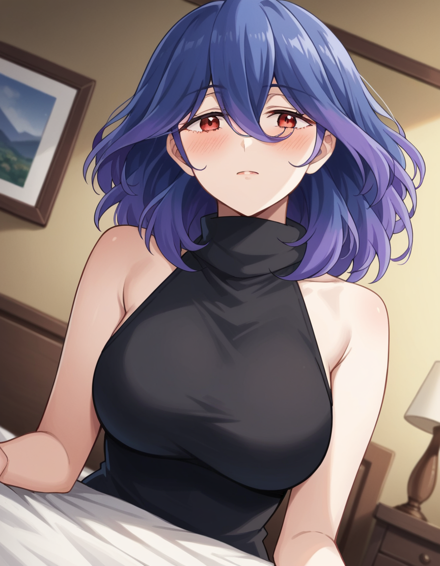 score_9, score_8_up, score_7_up, source_anime,
vermeil, <lora:vermeil-s1-ponyxl-lora-nochekaiser:1>,
vermeil, red eyes, hair between eyes, blue hair, purple hair, multicolored hair, medium hair,
sweater, bare shoulders, sleeveless, turtleneck, black sweater,
indoors, bed, bed room, on side, blush, drunk,
looking at viewer, cowboy shot, solo, dutch angle,