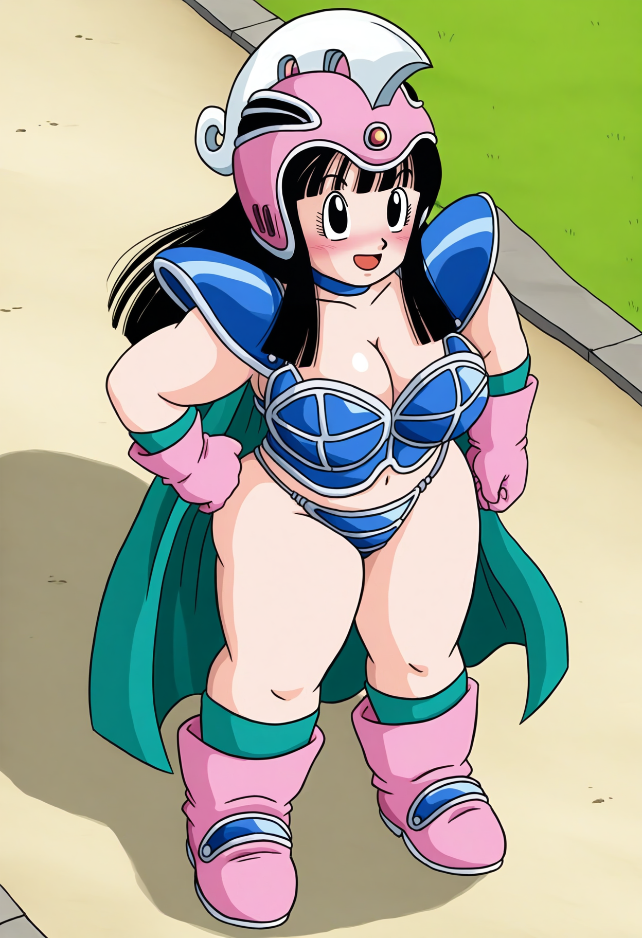 best hands, 5 fingers, perfect hand, <lora:sigoaqui_chichi_IL1.2:0.9>mature female, huge breasts, 
sigoaqui_chichi, sigoaqui style, chi-chi \(dragon ball\), 1girl, solo, black long hair, black eyes, blush, curvey open mouth, choker,
slugger Helmet, shoulder armor, pink boots, pink gloves, blue bikini armor, blue bikini bottoms,
green cape,
hand on own hip, cleavage, 
BREAK outdoors, street, day, shadow,