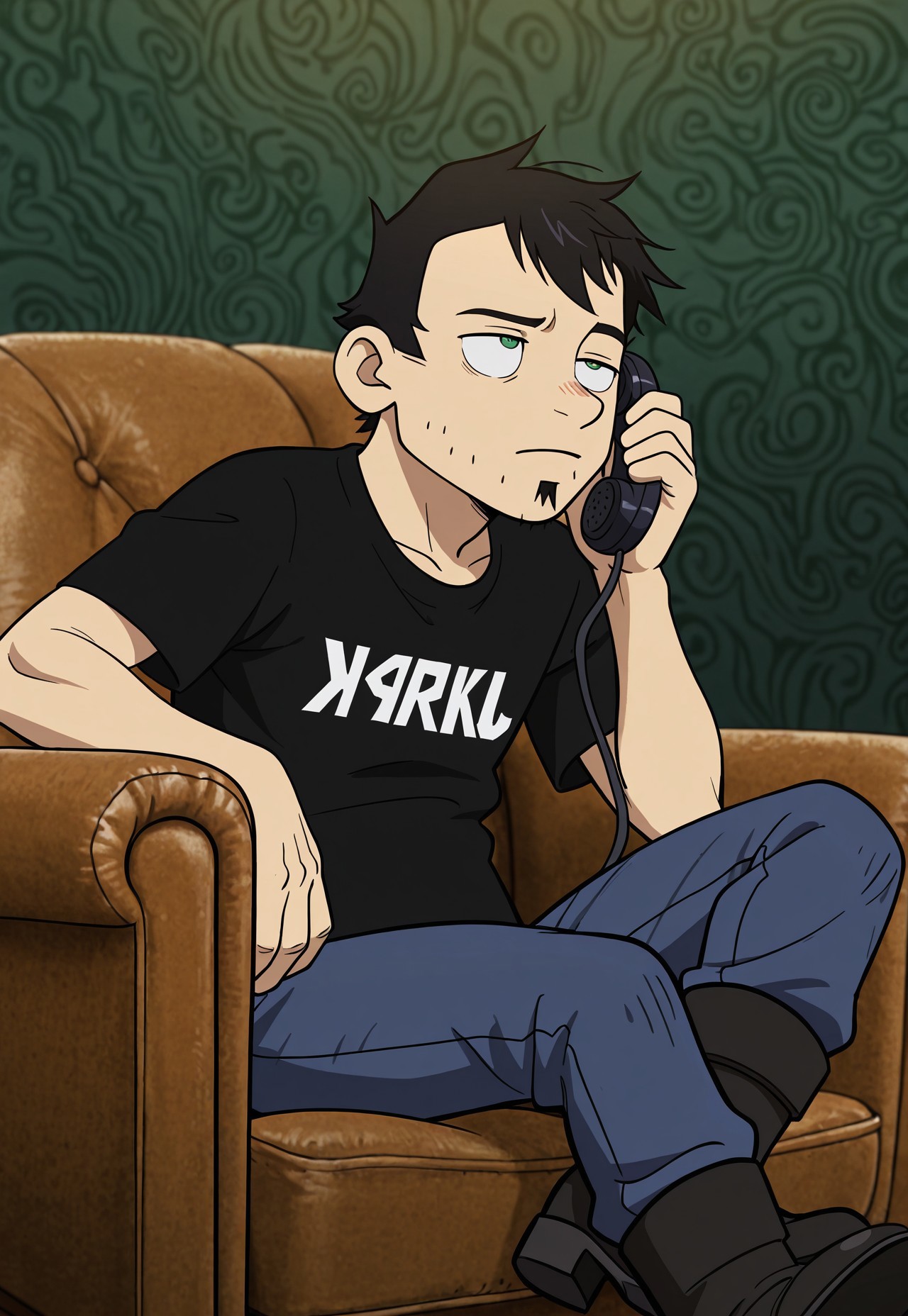 masterpiece, best quality, amazing quality, detailed background, intricate details, dynamic, cinematic, cartoon, anime, cartoon shading, solo, male focus, source_anime,high resolution, newest, depth of field, bara, yaoi, perfect face, 1boy, d4n, green eyes, black hair, messy hair, soul patch, stubble, jerk t-shirt, black t-shirt, blue jeans, black boots, eye roll, unbothered, sitting, old armchair, phone, holding, talking on phone, lounging, dark green background, abstract background, dutch angle, side view