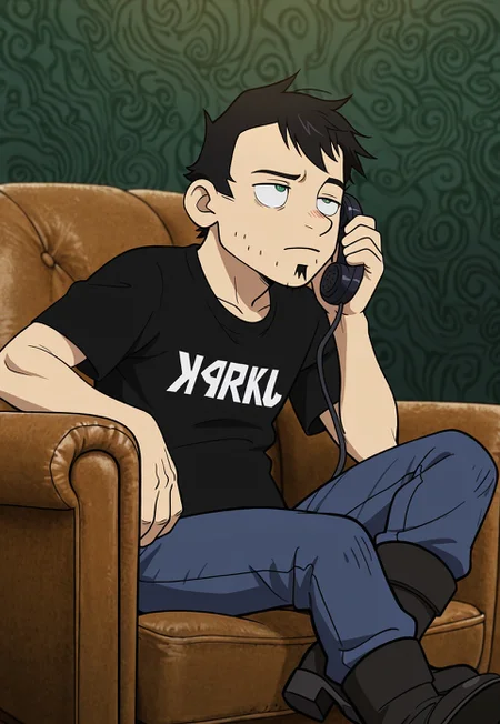 masterpiece, best quality, amazing quality, detailed background, intricate details, dynamic, cinematic, cartoon, anime, cartoon shading, solo, male focus, source_anime,high resolution, newest, depth of field, bara, yaoi, perfect face, 1boy, d4n, green eyes, black hair, messy hair, soul patch, stubble, jerk t-shirt, black t-shirt, blue jeans, black boots, eye roll, unbothered, sitting, old armchair, phone, holding, talking on phone, lounging, dark green background, abstract background, dutch angle, side view