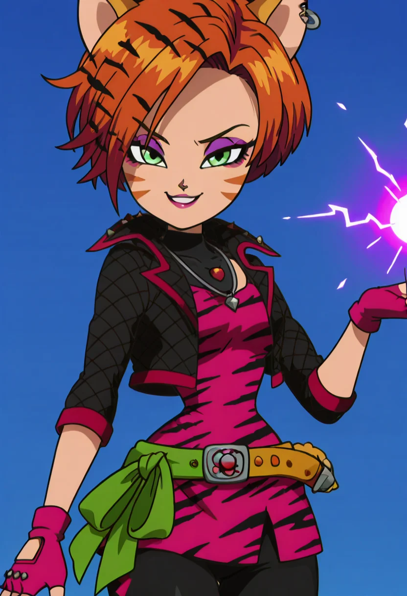 masterpiece, best quality, solo, curvy, beautiful eyes, narrow waist, wide hips, 1girl, solo, smile, looking at viewer, foreshortening, close up, anime screenshot,    ,<lora:ToraleiMH_IXL:1.0>, zzToralei, green eyes, cat ears, tiger ears, hair over one eye, brown hair, multicolored hair, orange hair, red hair, short hair,  whisker markings, facial mark,   makeup, gloves, jewelry, jacket, fingerless gloves, piercing, earrings, animal print, ear piercing, pink dress, black pants, C0utur3Cr4z3, <lora:CoutureCraze_IXL:0.5>,,vivid aura, looking at viewer, blue background, smug, aura, super saiyan, charging energy, energy ball, energy, lightning, <lora:DBSBroly_Style_IXL_v2:0.6>,