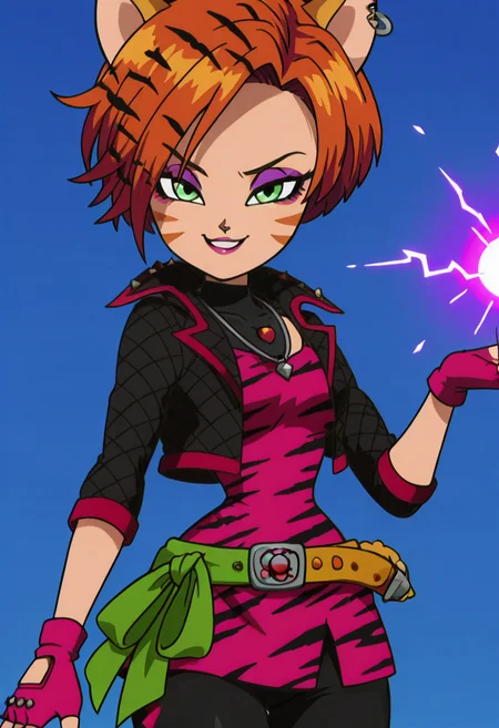 masterpiece, best quality, solo, curvy, beautiful eyes, narrow waist, wide hips, 1girl, solo, smile, looking at viewer, foreshortening, close up, anime screenshot, ,<lora:ToraleiMH_IXL:1.0>, zzToralei, green eyes, cat ears, tiger ears, hair over one eye, brown hair, multicolored hair, orange hair, red hair, short hair, whisker markings, facial mark, makeup, gloves, jewelry, jacket, fingerless gloves, piercing, earrings, animal print, ear piercing, pink dress, black pants, C0utur3Cr4z3, <lora:CoutureCraze_IXL:0.5>,,vivid aura, looking at viewer, blue background, smug, aura, super saiyan, charging energy, energy ball, energy, lightning, <lora:DBSBroly_Style_IXL_v2:0.6>,