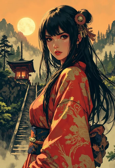 in the style of cksc, Special Ink-drawing mode, Mh1$AgThS2, intricate linework with expressive contrasts, Stunning Japanese woman (long loose flowing hair, sidelocks, hair ornament, red and gold silk kimono) standing at the base of a flight of steps leading up a steep hill to a shinto shrine, in front of wooded mountains, sunset, faint mist, facing the viewer, direct gaze