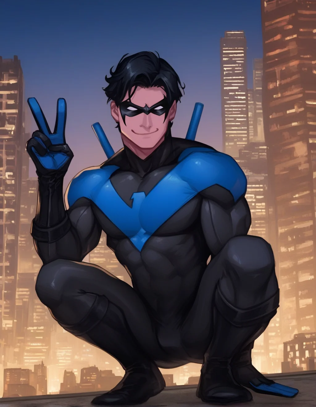 <lora:NightWing:1> score_9, score_8_up, score_7_up, nightwing, solo, smile, short hair, black hair, gloves, 1boy, holding, closed mouth, male focus, outdoors, sky, bodysuit, mask, muscular, night, squatting, pectorals, muscular male, building, city, black bodysuit, superhero, blue bodysuit, domino mask, skinny, v, cowboy shot,