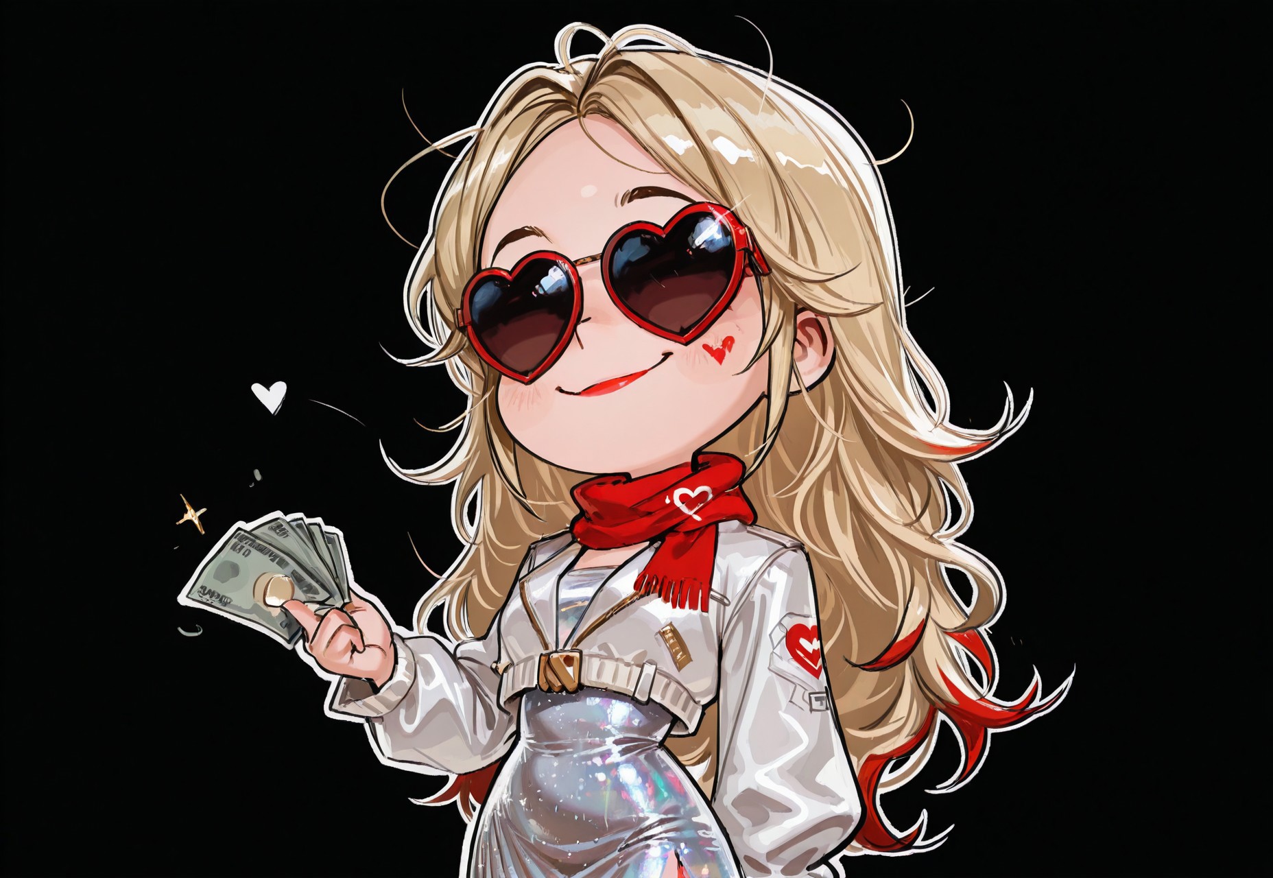1girl,long hair,blonde hair,short hair,punkrock,,red tips,red lips,scarf,fashion,glitter dress,blue streaks,holding money,moneygrabber,heart sunglasses,chibi,smu,solo,white outline,black background,white jacket,throwing money,rich,s detailed,masterpiece, best quality, very aesthetic, absurdres,cashmoney,falling money,brat, smuggy,messy hair,tall,usnr,smug smile,cocky,us4styl3