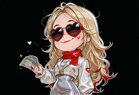 1girl,long hair,blonde hair,short hair,punkrock,,red tips,red lips,scarf,fashion,glitter dress,blue streaks,holding money,moneygrabber,heart sunglasses,chibi,smu,solo,white outline,black background,white jacket,throwing money,rich,s detailed,masterpiece, best quality, very aesthetic, absurdres,cashmoney,falling money,brat, smuggy,messy hair,tall,usnr,smug smile,cocky,us4styl3