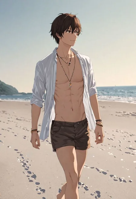 Highres, Masterpiece, High Quality, 4K, 8K, solo, 1Boy, Seiya Kanie, short dark brown hair, golden eyes, beach, calm, white sand, small coral, pebbles, clear sky, quiet, peaceful, walking, candid, breeze, footprints, happy, open shirt, shorts, sixpack, necklace, bracelet, easynegative, detailed_eye_model