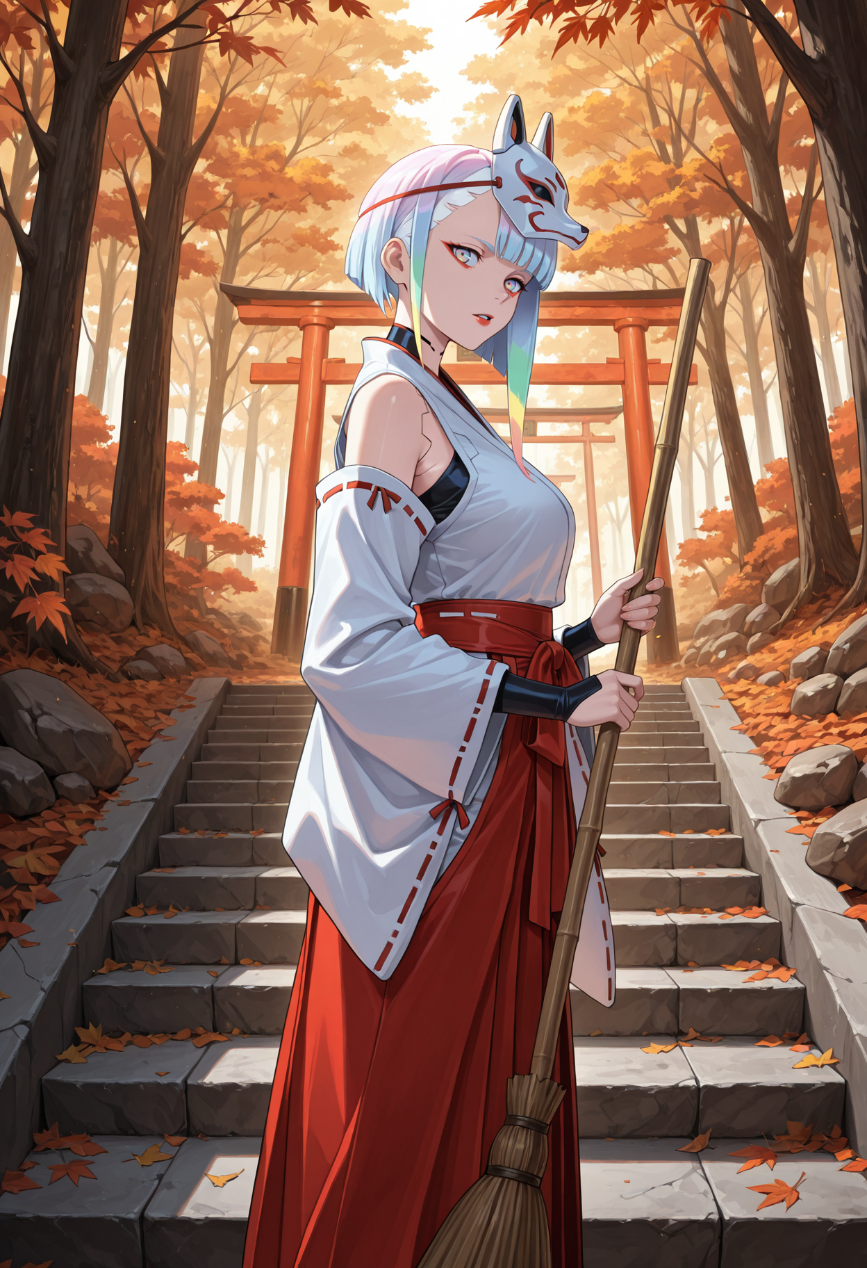 masterpiece, best quality, highres, absurdres, very awa, 1girl, solo, multicolored hair, asymmetrical hair, red eyeliners, red lips, cyberpunk, miko, japanese clothes, red hakama, white kimono, ribbon trim, fox mask, mask on head, outdoors, stairs, stone stairs, autumn, autumn leaves, (forest), nature, broom, holding broom, sweeping, from side, multicolored eyes, wide sleeves, hakama skirt, detached sleeves, (torii:0.9), scenery, looking at viewer, parted lips