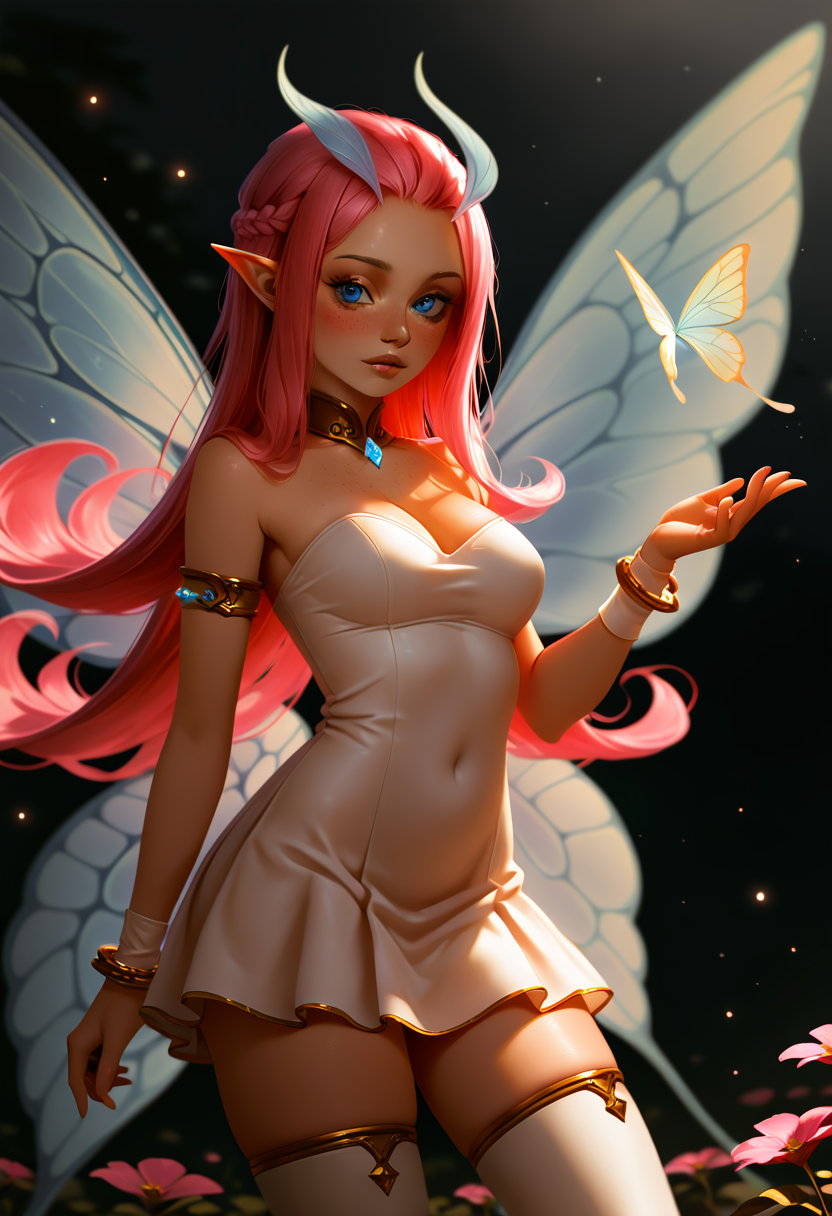 masterpiece, best quality, 1girl, solo, eyelashes, (beautiful eyes),   zzTasi, blue eyes, long hair, multicolored hair, pink hair,   looking at viewer, thighhighs, dress, cleavage, bare shoulders, jewelry, medium breasts, braid, flower, cowboy shot, wings, pointy ears, white dress, bracelet, white thighhighs, lips, strapless, covered navel, bug, butterfly, strapless dress, armlet, freckles, realistic, blurry background, glowing lights, bokeh,  ,<lora:TasiAFK_IXL:1.0>,