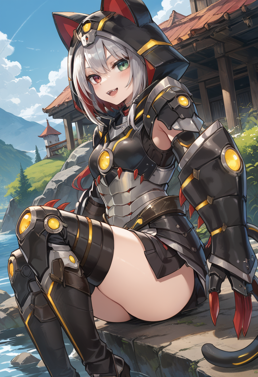 (score_9:0.9),score_8_up,score_7_up,rating_safe,anime style,(zPDXL),<lora:Almudron armor ponyXL v1:0.73>,1girl,solo,green eye,silver hair,black mechanical cat tail,looking at viewer,black cat hood,almudron armor,black claw gauntlets,black knee boots,black thigh armor,full armor,lake,open mouth,fangs,half-closed eyes,naughty face,red hair,heterochromia,white eye,multicolored hair,sitting,from behind, blush