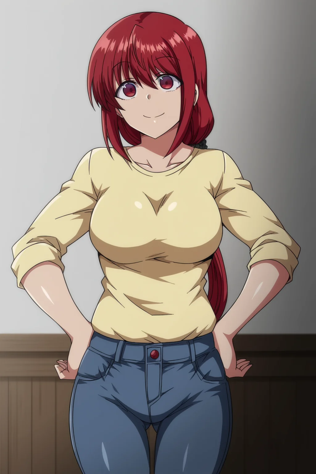 <lora:Natsumi_Obata-Saimin_Seishidou:1>,natsumi,1girl,red hair,red eyes,breasts,long hair,low ponytail,shirt,denim,hands on own hips,smile,looking at viewer,indoors