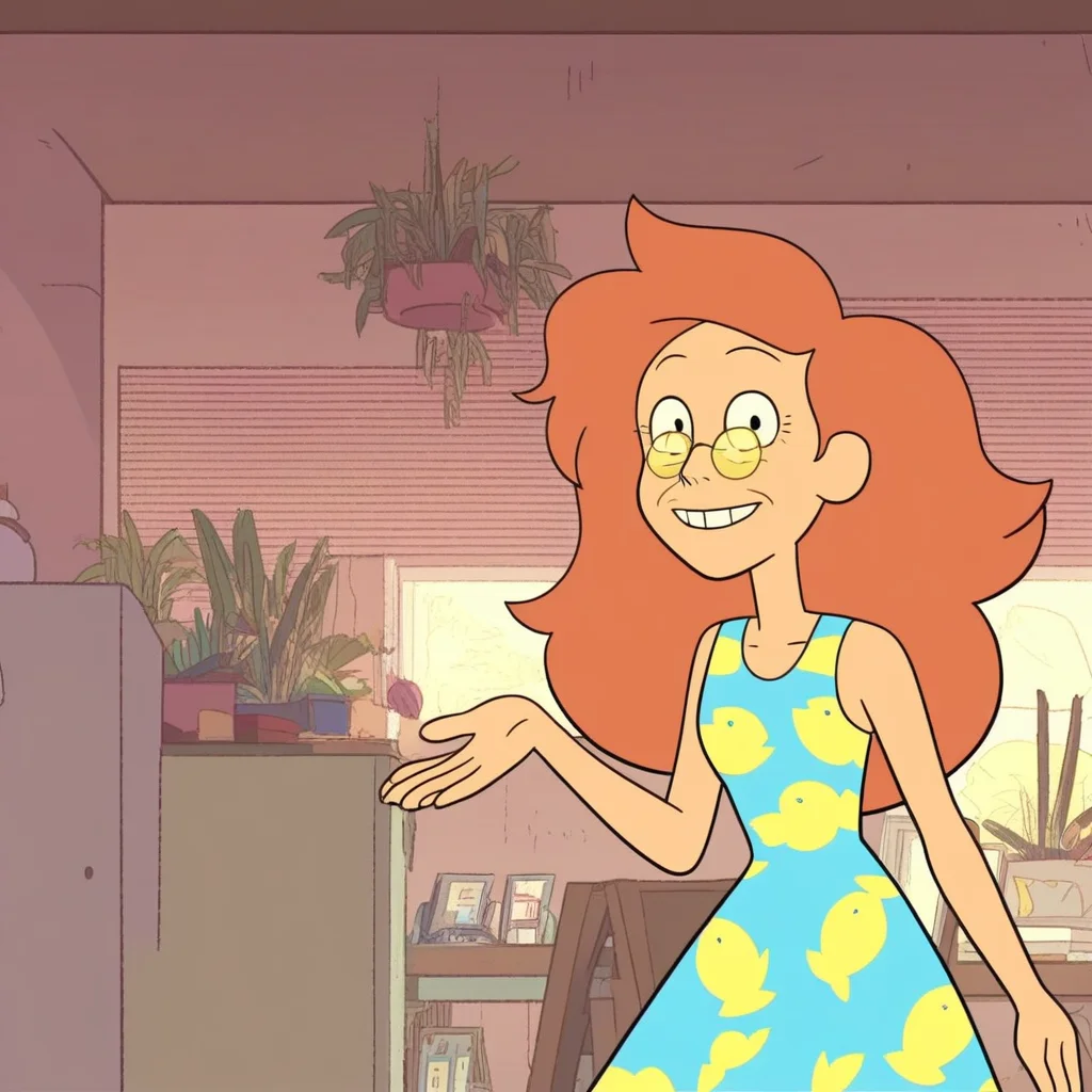 score_9, masterpiece, 1girl, Solo, female focus, MarthaBarriga_SU, light skin, black eyes, orange brown hair, voluminous long hair, little wrinkles in face, glasses with yellow-tinted lenses, light turquoise dress with yellow fish print, long purple socks, light blue sandals, big eyes, tall stature, standing, cowboy shot, room background, looking at viewer, perfect eyes, detailed eyes, smile