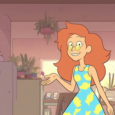 score_9, masterpiece, 1girl, Solo, female focus, MarthaBarriga_SU, light skin, black eyes, orange brown hair, voluminous long hair, little wrinkles in face, glasses with yellow-tinted lenses, light turquoise dress with yellow fish print, long purple socks, light blue sandals, big eyes, tall stature, standing, cowboy shot, room background, looking at viewer, perfect eyes, detailed eyes, smile