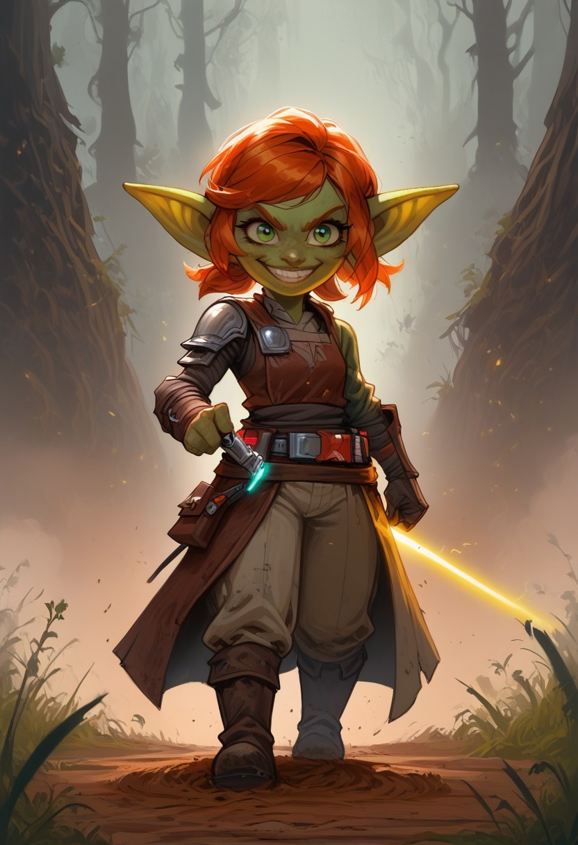 thick outlines, extremely detailed, sharp focus, HD, 1girl, solo, a Goblin woman, short stature, shortstack, pointed ears, big eyes, green skin, with short ginger hair and large swept bangs, wearing goggles with glowing green lenses, dark red mail, with green chain boots, silver rectangular shield, sword on her hip, confident smile, walking, eyes to the side. Setting forest, dirt path, dark grass, fog, low light. green eyes, blue lightsaber, laser sword, long sword,