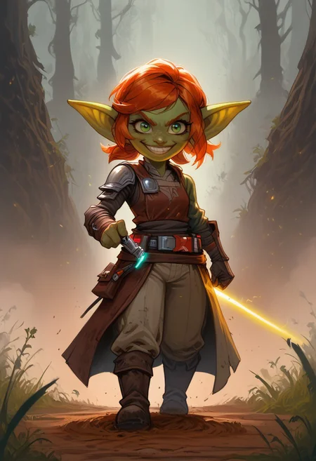 thick outlines, extremely detailed, sharp focus, HD, 1girl, solo, a Goblin woman, short stature, shortstack, pointed ears, big eyes, green skin, with short ginger hair and large swept bangs, wearing goggles with glowing green lenses, dark red mail, with green chain boots, silver rectangular shield, sword on her hip, confident smile, walking, eyes to the side. Setting forest, dirt path, dark grass, fog, low light. green eyes, blue lightsaber, laser sword, long sword,