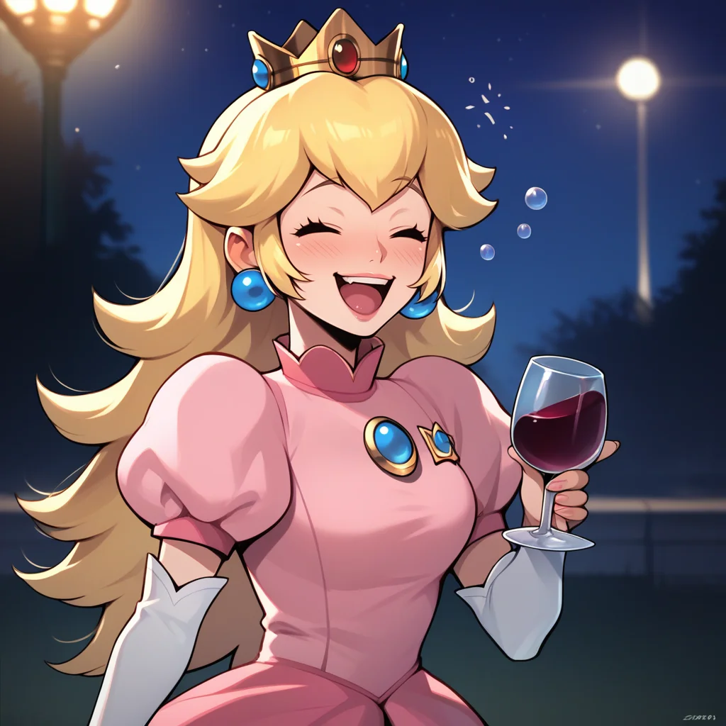 score_9,score_8_up,score_7_up,score_6_up,source_anime,rating_safe,1boy, Solo,laughing, night, wine, princess peach, <lora:Drunk:0.8> dr1nk,drunk, heavy blush, alcohol, drunk bubbles, bubbles, zPDXL2,
