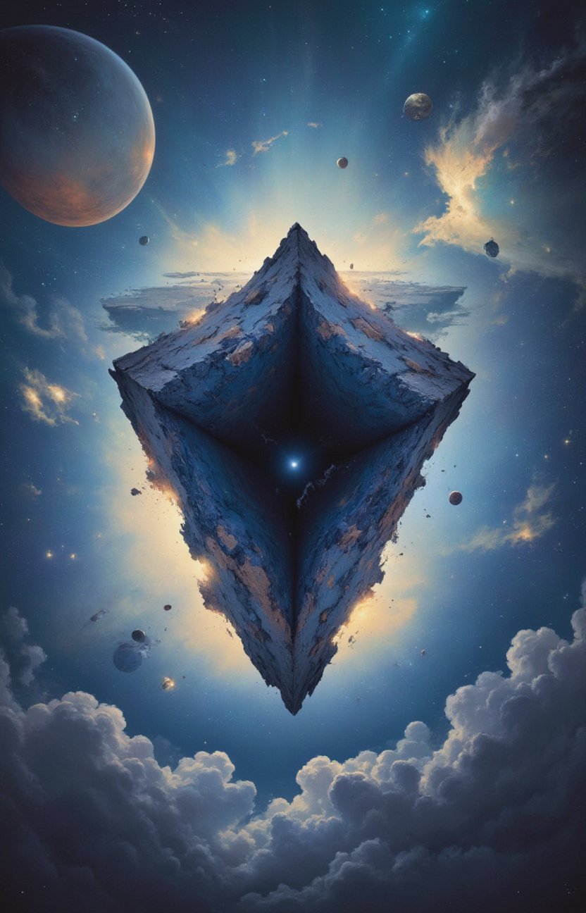 a mysterious hole shaped object in the sky with extremely detailed clouds and planets in the background, fantasy, space theme,<lora:- Flux1 - impossible_geometry_V1.0:.8>