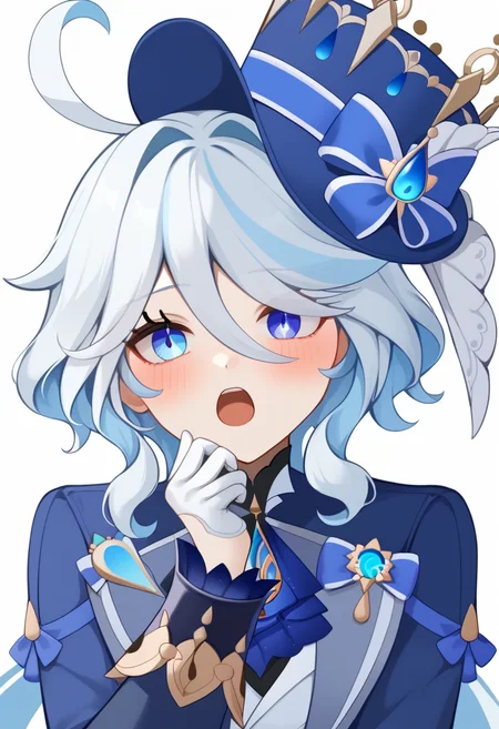 score_9,score_8_up,score_7_up,<lora:furina_(genshin_impact)_pony:1>,absurdres, 1girl, white_background, highres, furina_\(genshin_impact\), open_mouth, blue_jacket, hat_bow, long_sleeves, blue_hat, simple_background, grabbing, top_hat, blue_gloves, commentary_request, hair_intakes, looking_at_viewer, blush, solo, blue_bow, white_gloves, upper_body