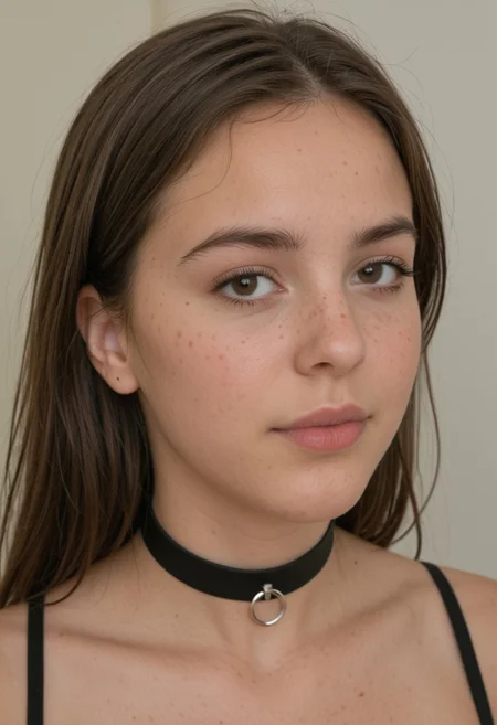 Close portrait of young brunette, choker