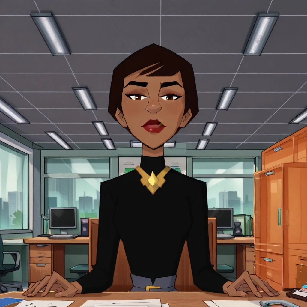 Professor Granville,red lips,short hair,black shirt,blue skirt,looking at viewer,office,sitting at desk,sitting across from viewer,dark-skinned female