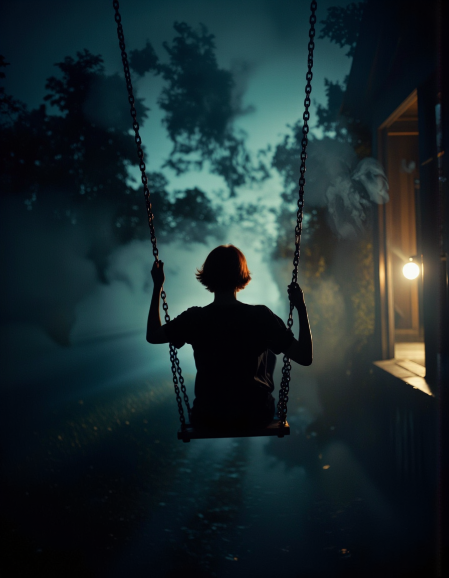 This is a high-quality, atmospheric photograph of a person swinging on a chain swing in a dark, moody setting. The individual, seen from behind, has short, red hair and is dressed in a black shirt. The swing is suspended high in the air, and the person is centrally positioned, creating a sense of isolation and focus. The background is a mesmerizing blend of deep blues and blacks, with a glowing, ethereal light source emanating from the lower right corner, casting a mystical, almost otherworldly glow. The image uses leading lines from the chains and a rule of thirds composition to draw the viewer's eye. The background is blurred, emphasizing the depth of field and creating a sense of distance. The photograph was likely taken with a DSLR camera, possibly a Canon EOS 5D Mark IV, with a wide aperture (around f/1.8), a low ISO (100-200), and a slow shutter speed (1/60-1/125 seconds) to capture the dark, moody ambiance. The aesthetic quality of the image is very high, evoking a sense of mystery and contemplation.