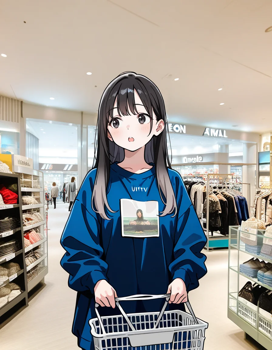 score_7_up, anime BREAK official art, solo, 1girl, one girl,
Black hair, (chest length hair:1.2), Straight Hair, bangs, one tucked behind ear, black eyes, feature large highlight, feature double highlights, shaped eyeblow,
<lora:Shopping_Mall-000006:1>, Shopping Mall, photo background, real world location,
holding, shopping, clothes hanger, indoors, holding phone, open mouth, smartphone, standing, shop, shopping basket, clothing store
(masterpiece:1.3), best quality, high resolution, unity 8k wallpaper, extremely detailed CG, 8K, (watercolor \(medium\), muted color, sketch:1.1), perfect anatomy, highly finished, masterpiece, best quality, high quality, amazing quality, great quality, very aesthetic, ultra detailed, highres, absurdres, highly detailed, highly detailed background,