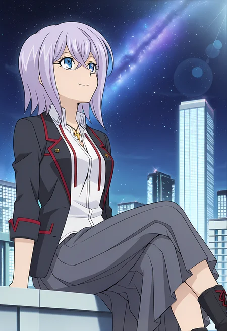 masterpiece,best quality,amazing quality,
1girl, solo, face focus,
Misaki Tokura (Cardfight Vanguard), short hair, purple hair, blue eyes, hair between eyes, school uniform, necklace, jewelry, shirt, jacket, blazer, long skirt, pleated skirt, black footwear,
looking up, smile,
cinematic, cross legs, crossing legs,
Outdoors, night, On top skyscraper, galaxy sky,
Lens flare, bloom,
Official style, anime screencap, anime coloring,