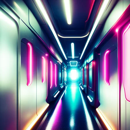 (corridorfuturism style:1) hallway in a space station with neon lights <lora:djzCorridorFuturismV21:0.8>
