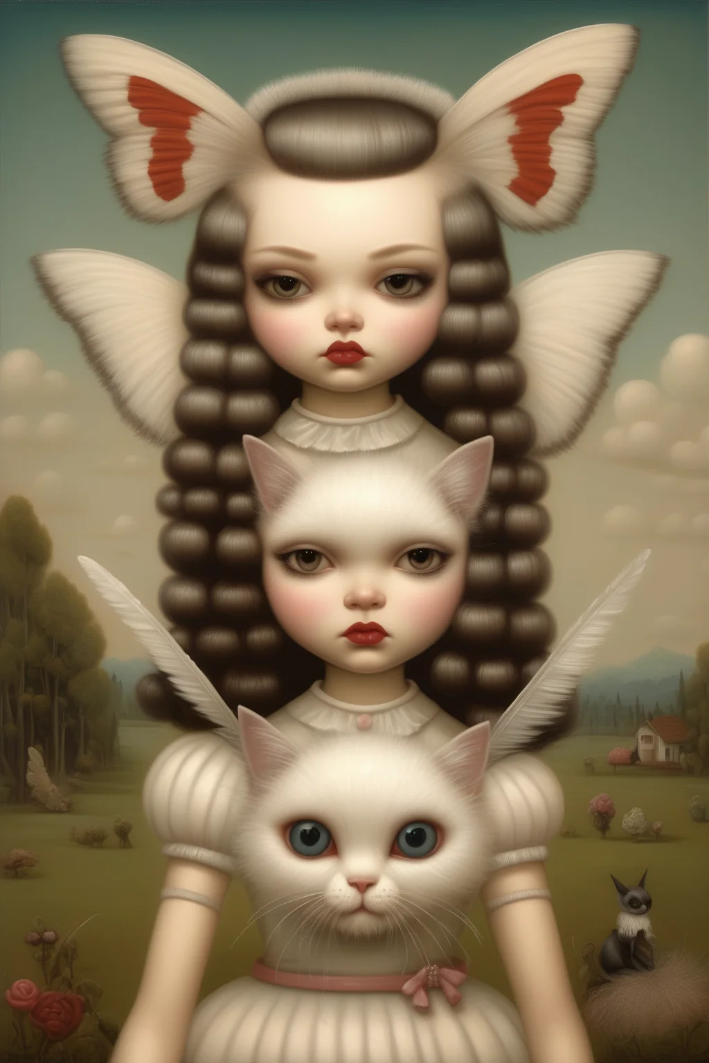<lora:Mark Ryden Style:1>Mark Ryden Style - a stunning beautiful gorgeous small cute hyperrealistic girl holding a catmoth fluffy and furry white with feather antennae a painting