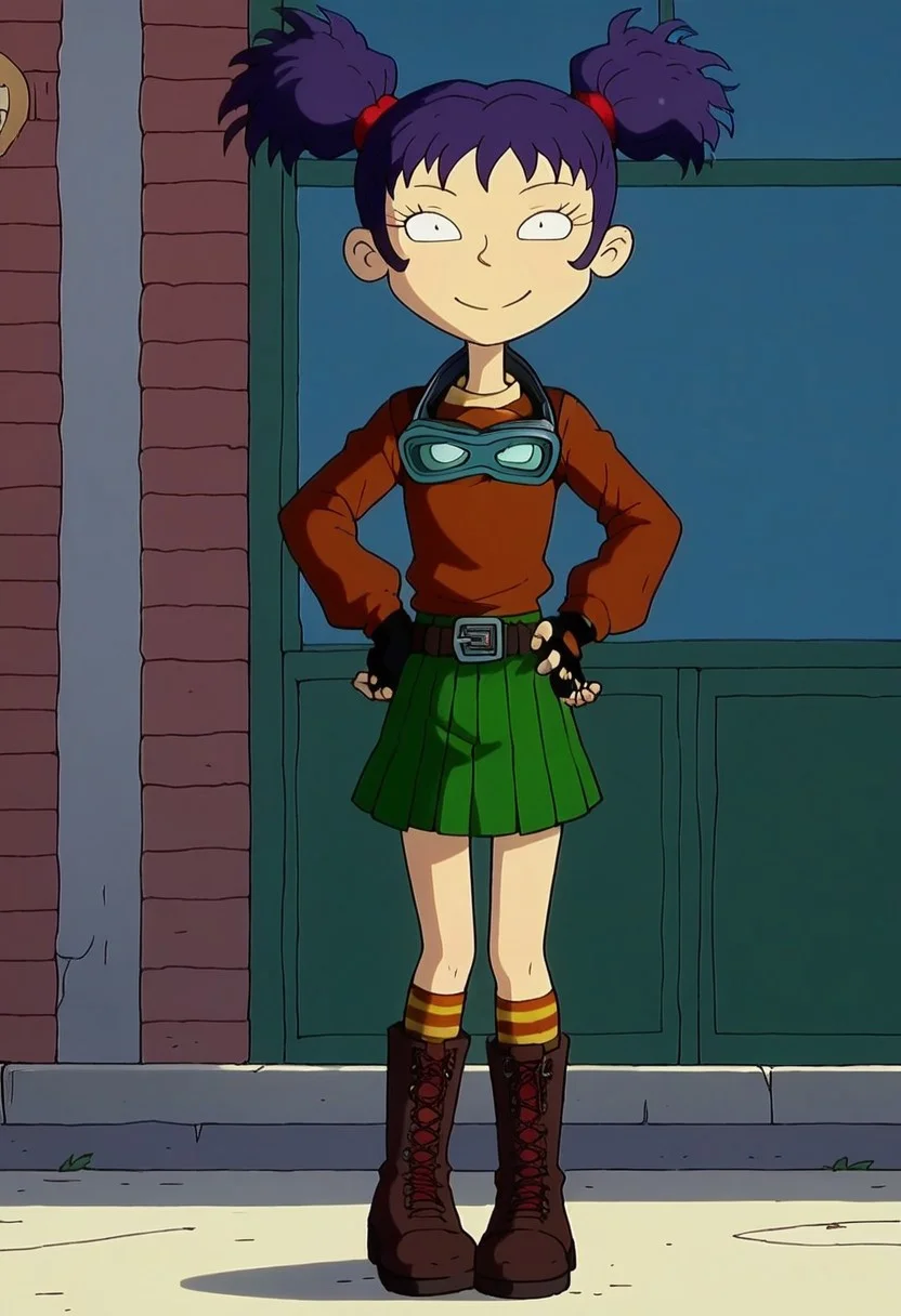 score_9, score_8_up, score_7_up, courtyard, extremely detailed, Ki_mi2, purple hair, twin tails, 1girl, solo, goggles around neck, multicolered shirt, brown shirt with yellow long sleeves, fingerless gloves, green short skirt, bare knees, striped thigh high socks, dark red boots, standing, looking at viewer, hand on hip, smiling,