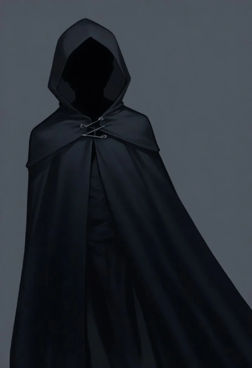 colored skin, black skin, (black hair, silhouette:1.5), no eyes, faceless, no highlights, hooded figure, black robes, Nazgul. Holding a sword, penitent pose