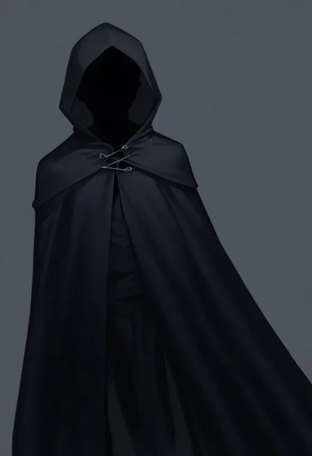 colored skin, black skin, (black hair, silhouette:1.5), no eyes, faceless, no highlights, hooded figure, black robes, Nazgul. Holding a sword, penitent pose