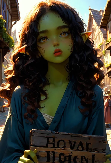 score_9, score_8_up, score_7_up, 1girl, goblin, dark green skin,  solo female focus, large pointed ears. skinny, wild red hair, long hair, loose curly hair, green skin, freckles, Freckled ass, beautiful yellow eyes, small breasts, brown loin cloth, chest wrap. Pouting lips. Blushing, cute pout, expression. Holding wooden sign, "starving goblin  need buzz" messy writing. Looking up at viewer.
Medieval town street. Bright sunny day