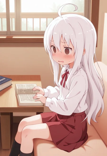 masterpiece,best quality,amazing quality, hikari kongo, long hair, white hair, brown eyes, 1girl, solo, book, skirt, ahoge, sitting, socks, indoors, red skirt, window, black socks, @ @, shirt