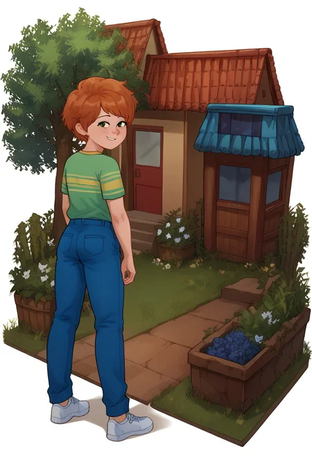 KamonStyle, anime-inspired art, vibrant and clean color palette, smooth shading, clean linework, detailed linework, isometric or dynamic perspective, expressive characters, attention to environmental details, storytelling-focused composition, full body of characters visible,
score_9, score_8_up, score_7_up, highly detailed, cute boy, 1boy, solo, Bill_Murphy, Ginger Hair, Freckles, Striped Green Shirt, Blue Pants, Sneakers, shy smile, from behind, looking back,