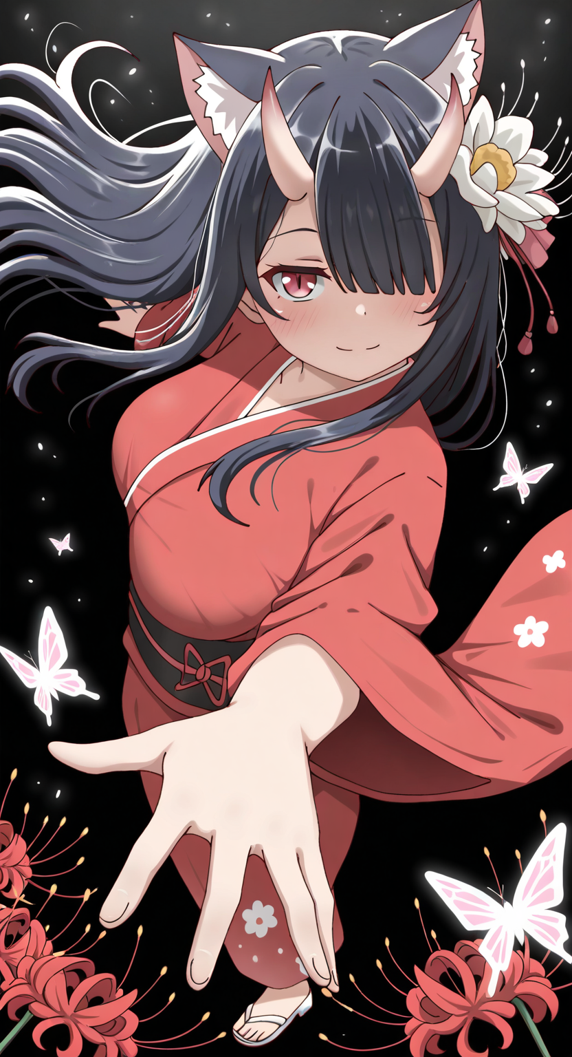 masterpiece, cute, lovely, newest, absurdres, (best quality:1.3), amazing quality, very aesthetic, 1girl, solo, high_resolution, hq, 4k, BREAK. high gradient eyes, very cute, light particles, cute details, cute colors, (Poa_Mellhen_Style), oni, oni horns, dark blue hair, straight hair, blunt bangs, pink eyes, slit pupils, (big breasts:0.7), naughty face, smug, BREAK, animal ears, portrait, cat ears, expressionless, floating hair, hair flower, japanese clothes, kimono, Butterfly, shoes, toeless footwear, yukata, looking at viewer, looking to the side, outstretched arms, outstretched hand, reaching, spread arms, flower, spider lily, solo, glitch, black background, from side, foreshortening, full body, closed mouth, digital dissolve, pixelated, one eye covered, reaching towards viewer, red flower, red kimono, white flower, white footwear, intricate details, vivid colors, smooth shading, dynamic lighting, professional illustration, soft gradients, balanced composition, elegant pose, high-resolution, sharp focus, 8k, hdr, crisp lines, perfect lighting, sharp eyes, detailed eyes, highly detailed