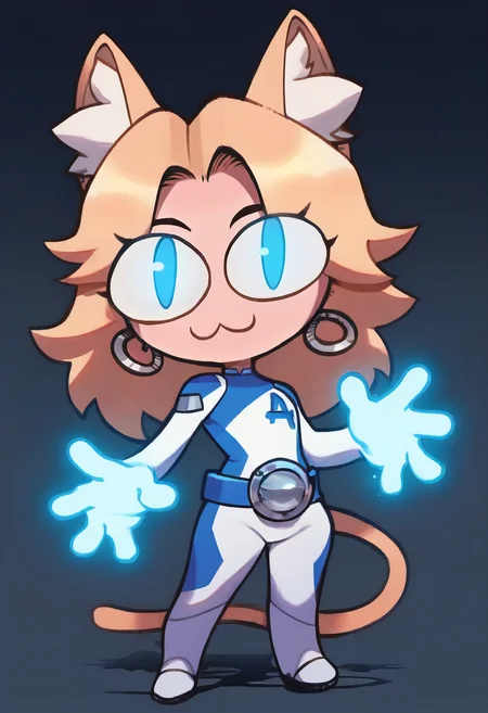 masterpiece, best quality, absurdres, 1girl,noccen,animal ears, :3, chibi, cat tail, animal ear fluff, slit pupils, sstrm, blonde hair, blue eyes, parted bangs, blue bodysuit, white bodysuit, hoop earrings, belt, glowing hands, magic <lora:necoarccon-guy90-Illust-LycorisV1:1> <lora:sstrm_n11:0.8>