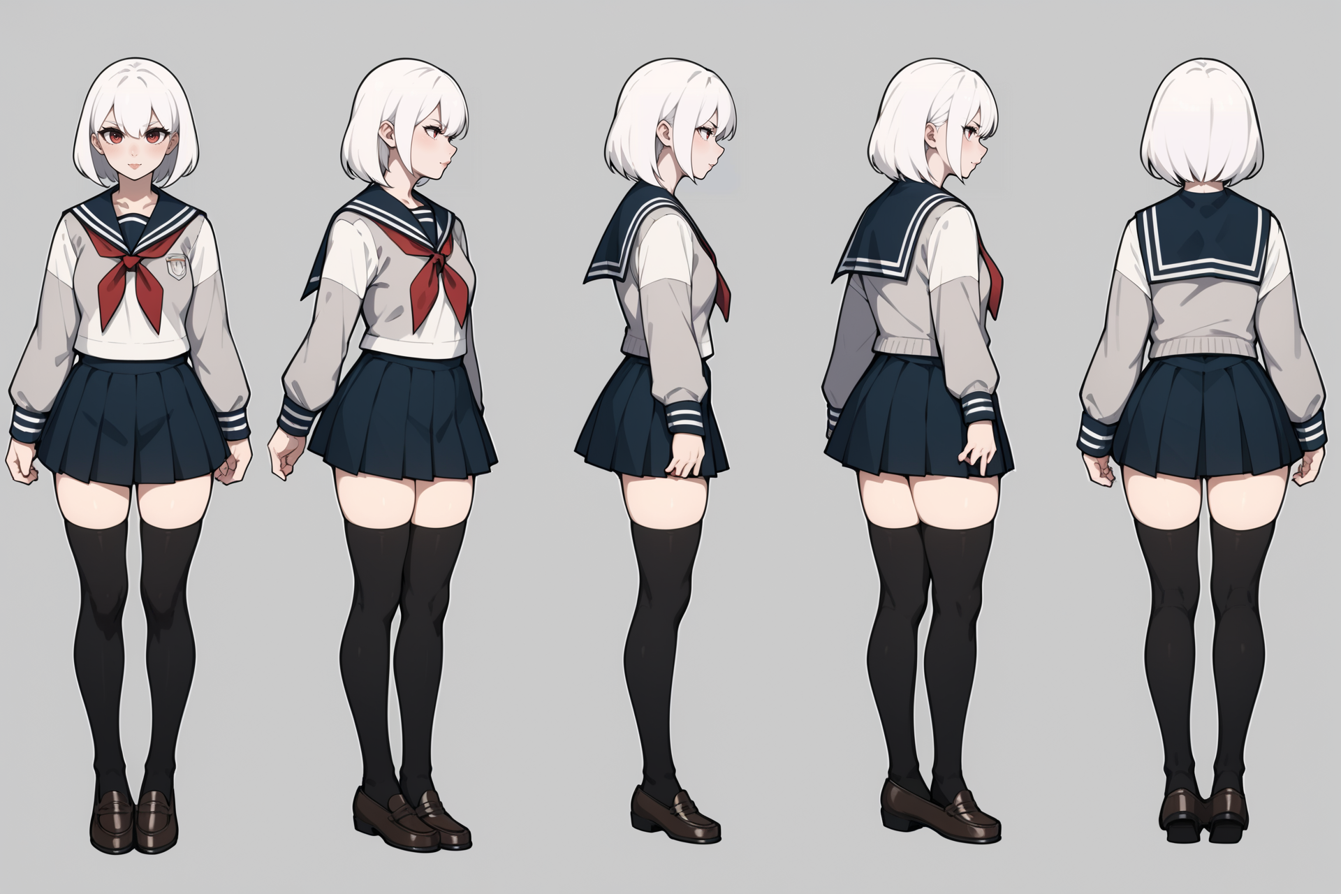 score_9, score_8_up, score_7_up, score_6_up, score_5_up, score_4_up,
(VIEWS:0),  full body character turnaround of 1girl, Multiple views of the same character in the same outfit,  simple background, white background,
(theme:0),  
(rank:0), anime character, female, school uniform, sailor outfit, skirt, thigh-high stockings, loafers, white hair, red neckerchief, gray cardigan, Japanese schoolgirl, 
<lora:bg3TurnXL_v1_pony:0.1>
<lora:Witcher3turn_v1_Pony:0.1>
<lora:medieval2turn_v1_Pony:0.1>
<lora:CharTurnXL_v4_Pony:0.6>
<lora:bg3TurnXL_v1:0.1>
<lora:Witcher3TurnXL_v1:0.1>
<lora:Medieval2TurnXL_v1:0.1>
<lora:CharTurnXLRetag_v4:0.1>