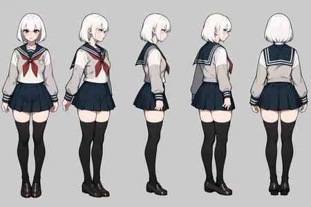 score_9, score_8_up, score_7_up, score_6_up, score_5_up, score_4_up,
(VIEWS:0), full body character turnaround of 1girl, Multiple views of the same character in the same outfit, simple background, white background,
(theme:0),
(rank:0), anime character, female, school uniform, sailor outfit, skirt, thigh-high stockings, loafers, white hair, red neckerchief, gray cardigan, Japanese schoolgirl,
<lora:bg3TurnXL_v1_pony:0.1>
<lora:Witcher3turn_v1_Pony:0.1>
<lora:medieval2turn_v1_Pony:0.1>
<lora:CharTurnXL_v4_Pony:0.6>
<lora:bg3TurnXL_v1:0.1>
<lora:Witcher3TurnXL_v1:0.1>
<lora:Medieval2TurnXL_v1:0.1>
<lora:CharTurnXLRetag_v4:0.1>