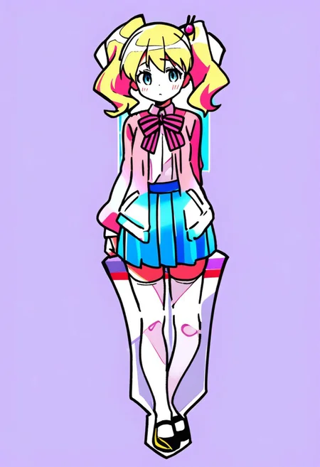 sdgs, 1girl, solo, (masterpiece,best quality,ultra_detailed,highres,absurdres:1.2), full body, alice cartelet, hair ornament, white collared shirt, cardigan, open cardigan, striped bow, blue pleated skirt, white thighhighs, mary janes
