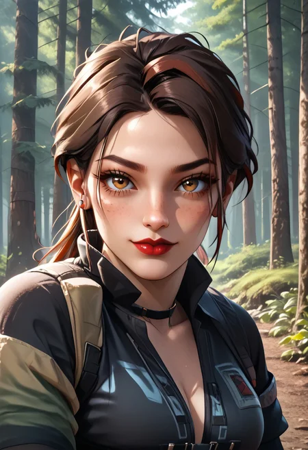 Score_9, Score_8_up, Score_7_up, BREAK, AliasCODMXL, lipstick, hazel eyes, brown hair, multicolored hair, ponytail, split bangs, black choker, medium breasts, harness, black shirt, rolled sleeves, individual focus, seductive smile, look at the viewer, forest,full body <lora:AliasCODMXL:0.8>